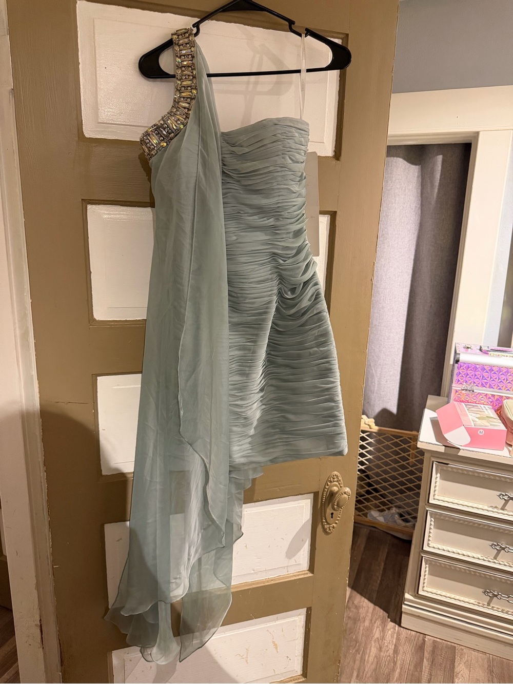 Tony Bowls Pale Sage One-Shoulder Mini Dress with Embellished Strap